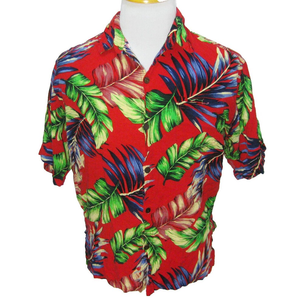 HIBISCUS Collection Mens (Size Large) Red Floral Hawaiian Aloha Shirt 100% Rayon
